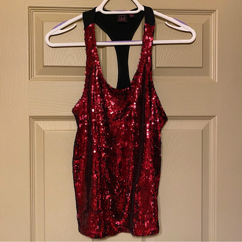 Y2K Red Sequin Racerback Black Tank Top size small by Material Girl in the 2000s